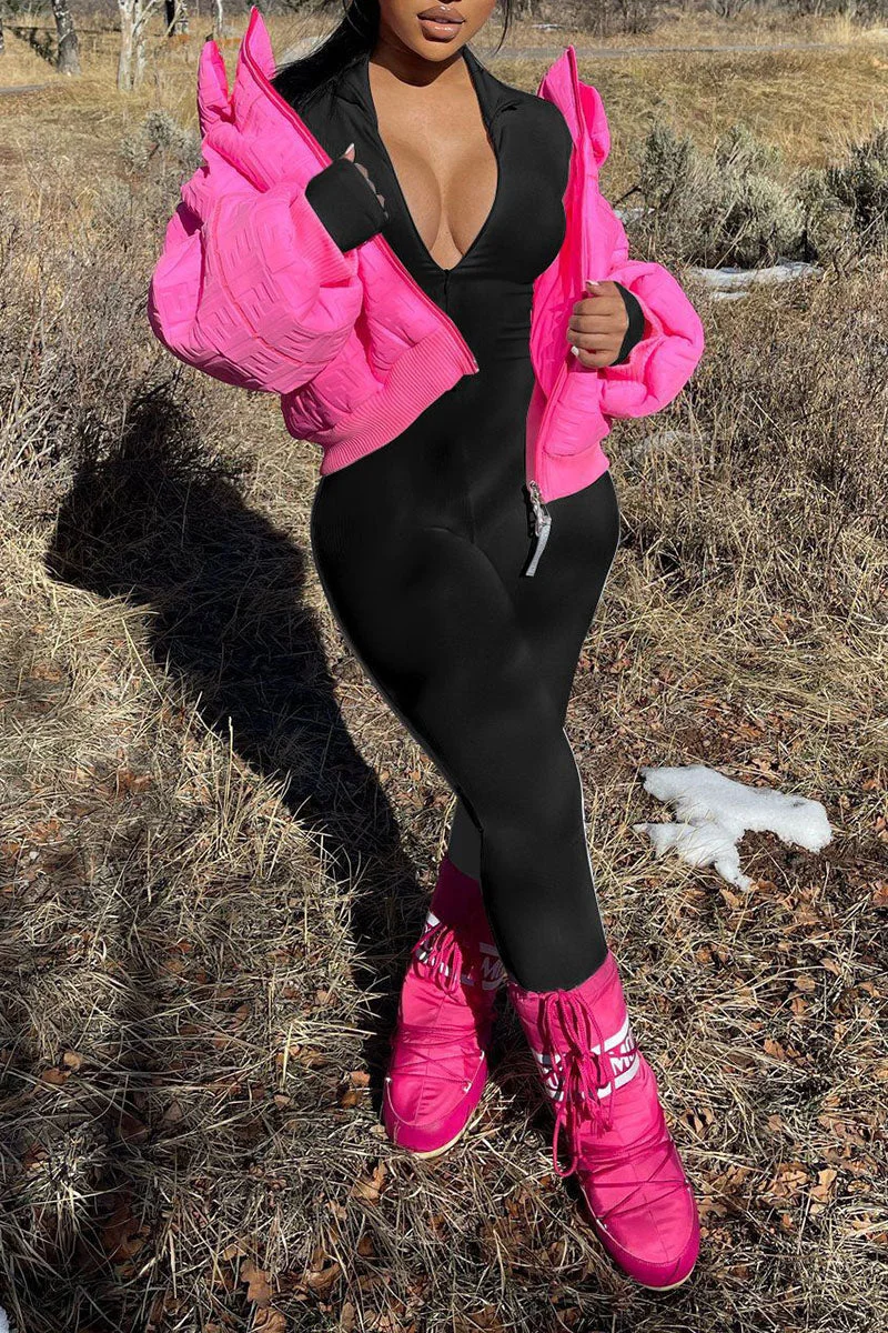 Casual Solid Split Joint Zipper Regular Jumpsuits