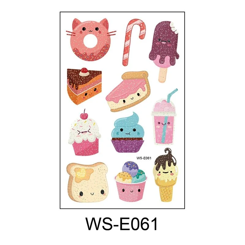 10 Kinds Glitter Powder Temporary Tattoos Cartoon Ice Cream Candy Cakes Kids Fake Tattoo Sticker Cute Party Makeup Tools