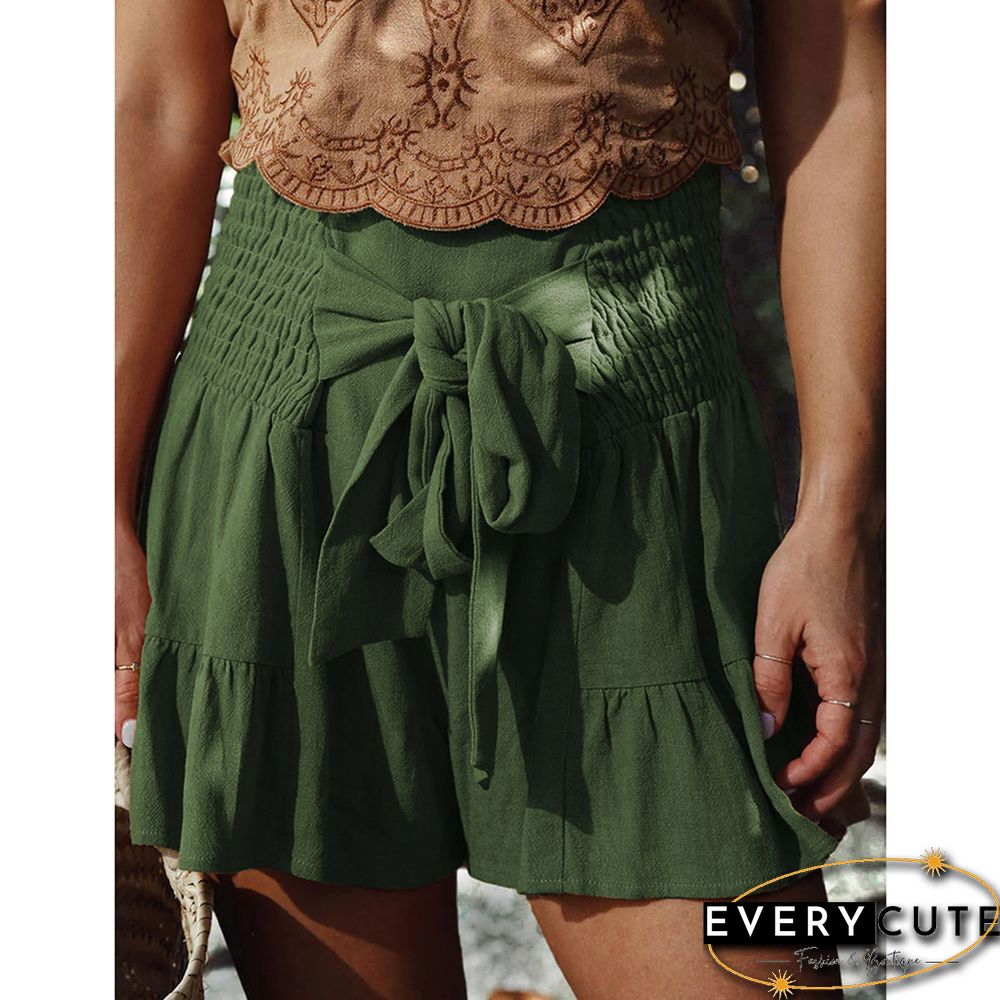 Green Ruffle Hem Tie Waist Wide Leg Culotte