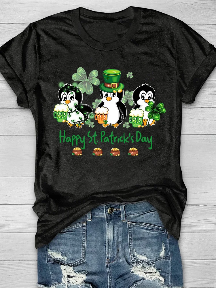 Penguin Drinking Team Happy St Patrick's Day Short Sleeve T-shirt socialshop