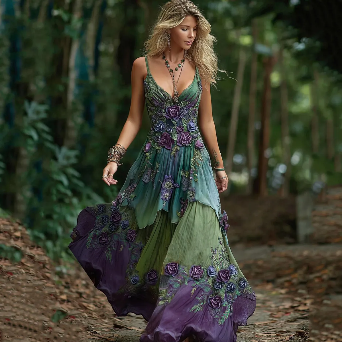 Women's Vintage Floral Embroidery Gradient Maxi Dress elevenforest