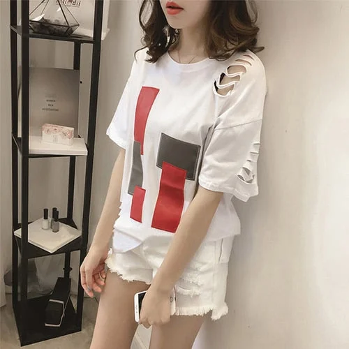 Women Short Sleeve T-shirts O-neck hollow out Casual Simple Soft Korean Style slim white Tops young Girls Harajuku chic t shirt