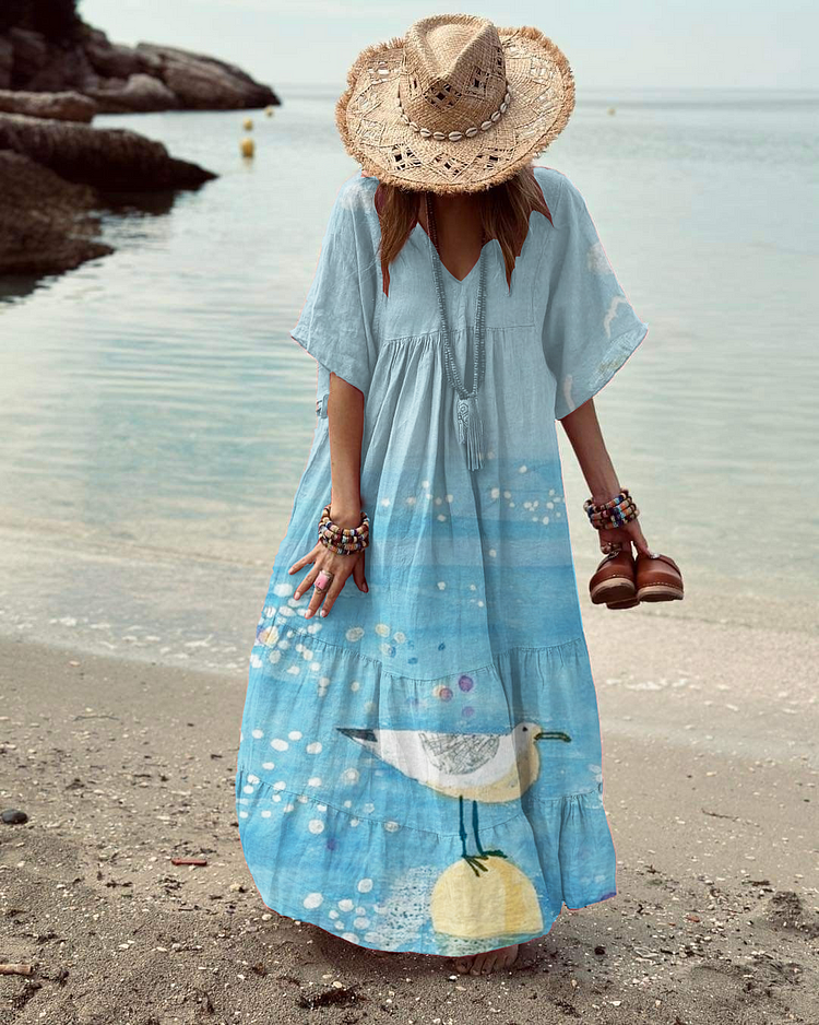 Women's Blue V-Neck Short Sleeve Loose Beach Dress socialshop
