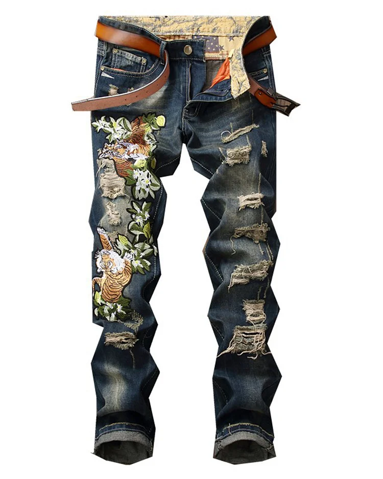 Men's Punk Embroidered Tiger Head Long Jeans