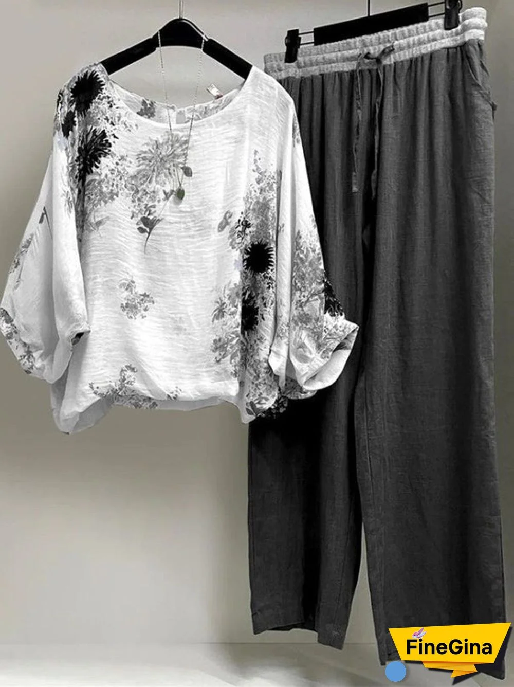 Women's Round Neck Long Sleeve Floral Print Top Trousers Two-Piece Set