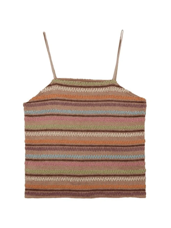 Brownm Color Block Striped Knitted Crop Cami Top