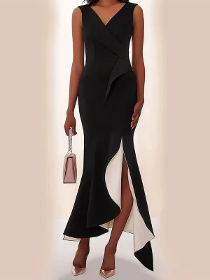 Image of Split-Joint Ruffle Trim Contrast Color Sleeveless Bodycon V-Neck Maxi Dresses