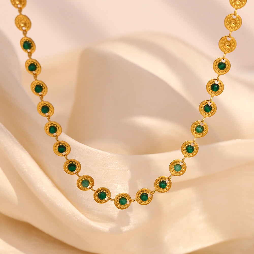 Fashion Retro Personality Pendant Stainless Steel 18K Gold Plated Round Green Stone Necklace For Women
