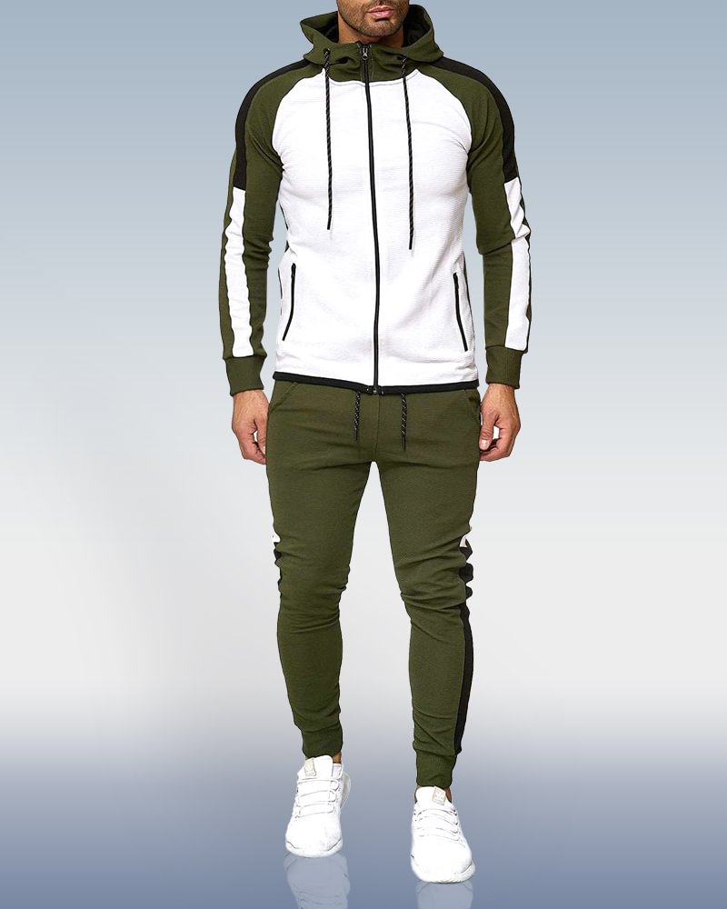 Men's white green Running Fitness Set Sports Two Piece