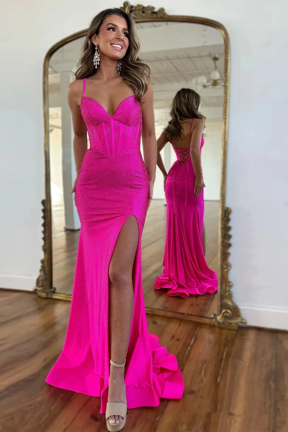 Sparkly Fuchsia Prom Dress Spaghetti Straps Lace Up Long Beaded With Slit YH0081