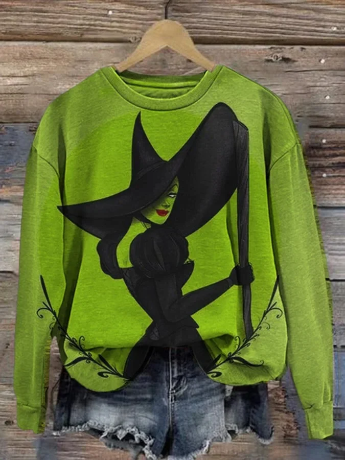 Plus Size Women's Halloween Witch Print Long Sleeve Sweatshirt VangoghDress