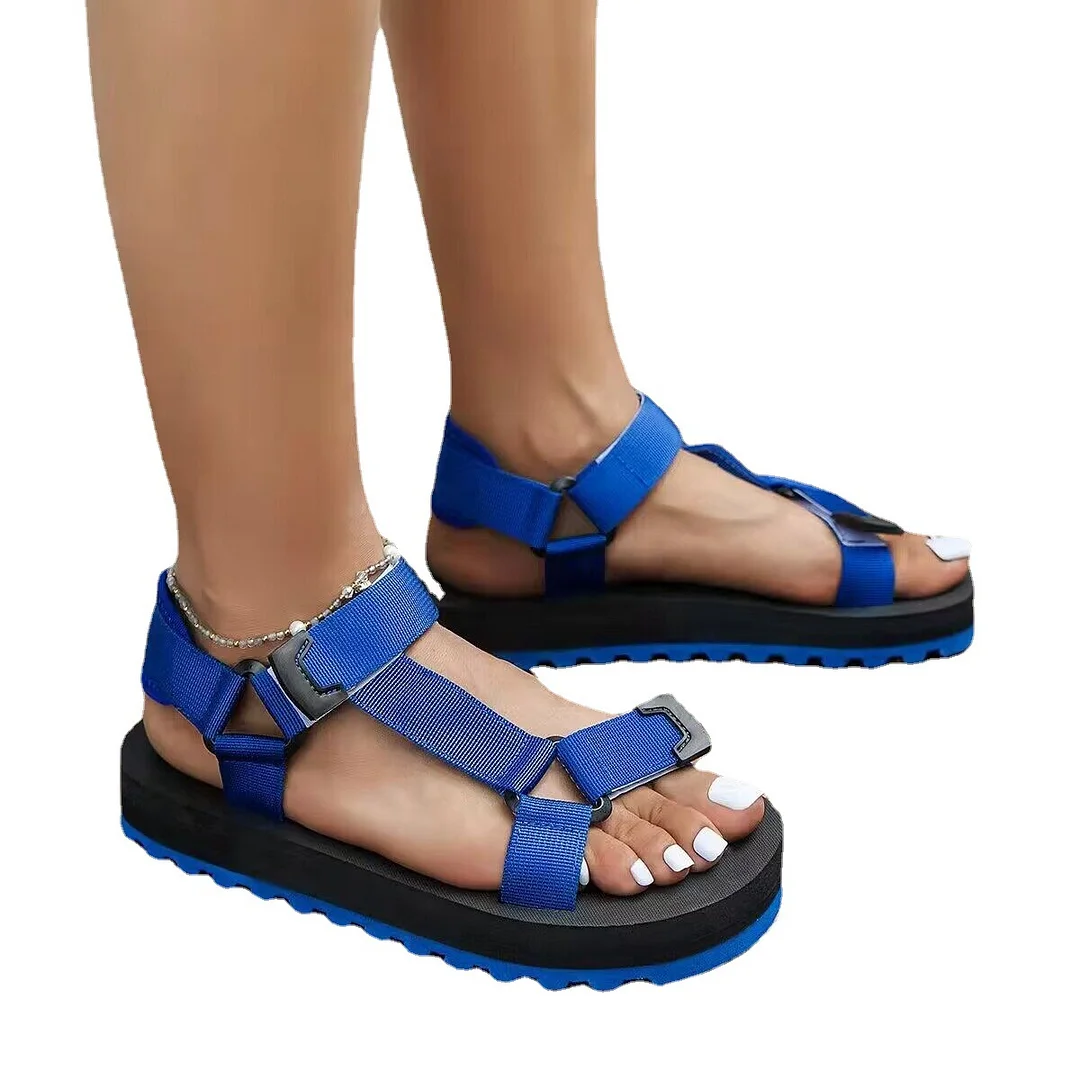 Yyvonne One-Word Buckle Flat-Soled Sandals Women's Summer New Color Magic Sticker Beach Women's Sandals