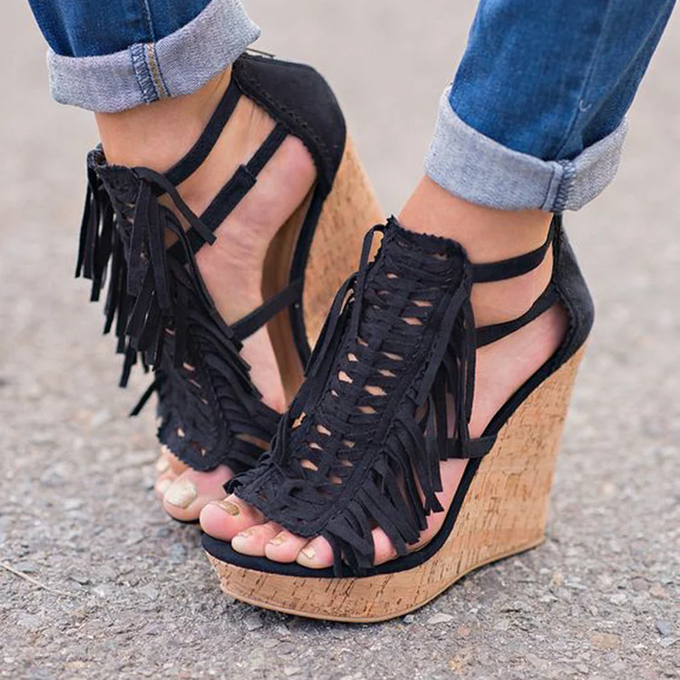 Black Peep Toe Zipper Sandals Women'S Classic Platform Wedge Heel Fringe Shoes |FSJ Shoes
