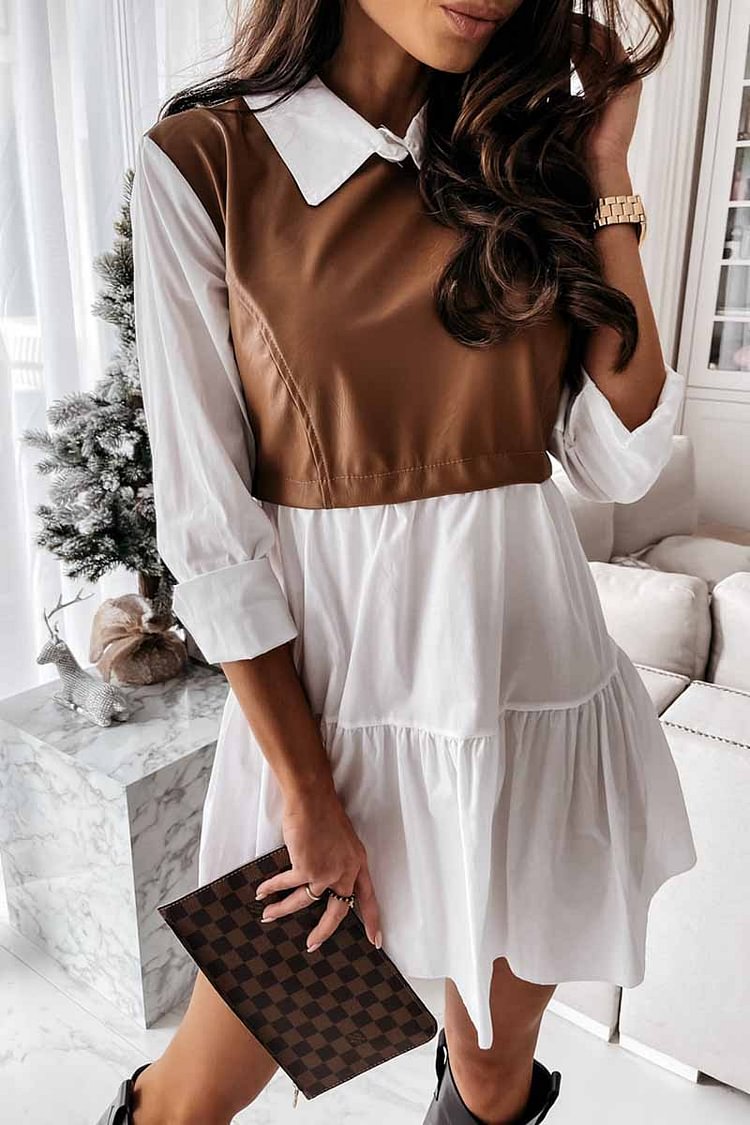 Shirt skirt and leather stitching Mini Dress