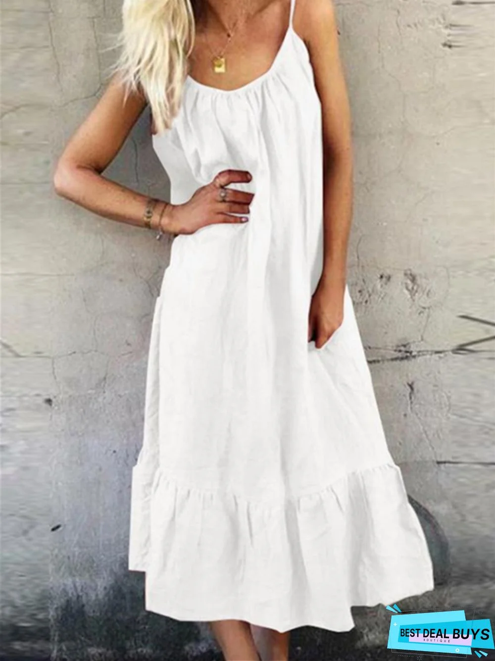 Cotton Linen Halter Dress In Solid Color with Flounces White Dresses