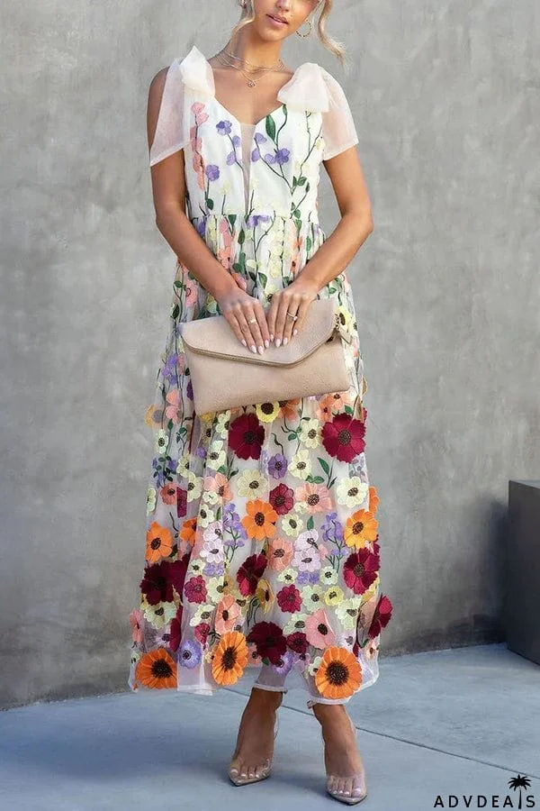 Summertime Blooms Floral Applique Adjustable Shoulder Tie Midi Dress