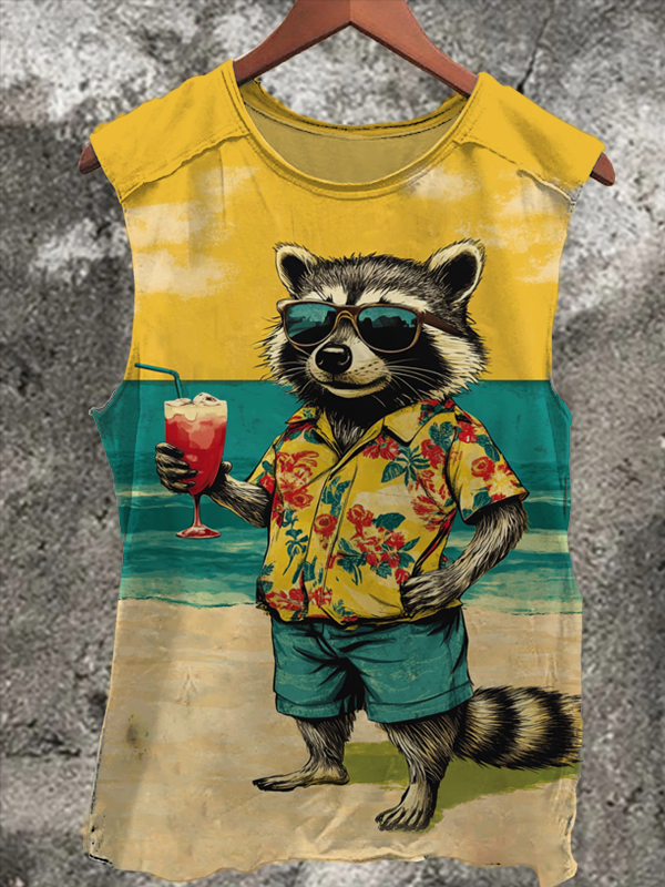 Men's Raccoon Beach Drinking Print Tank Top
