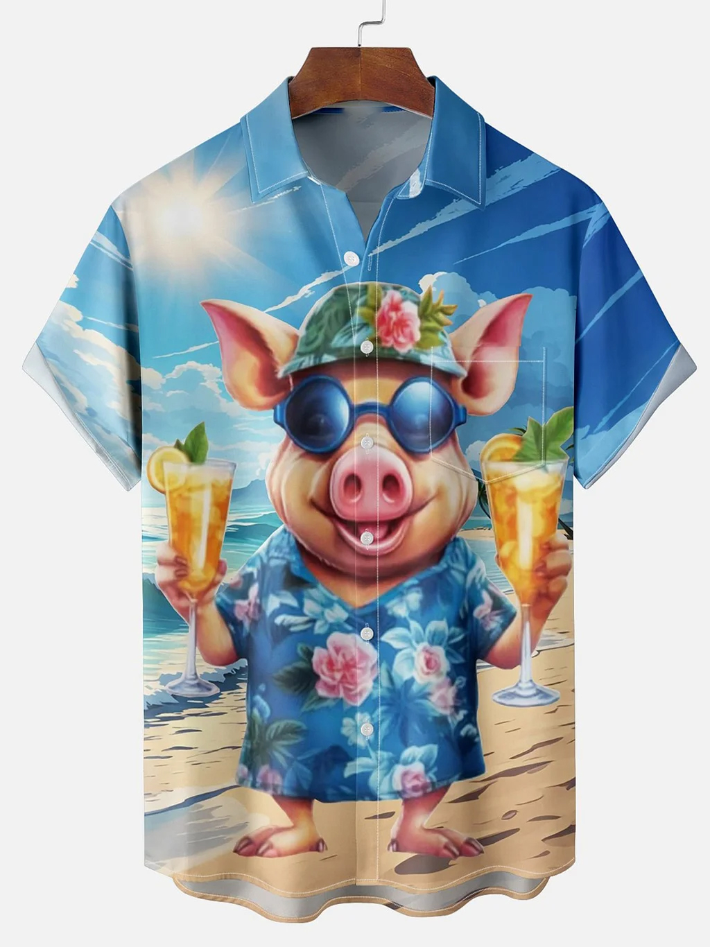 Men's Hawaiian Casual Summer Pig Sunglasses Juice Short Sleeve Shirt PLUSCLOTHESMAN