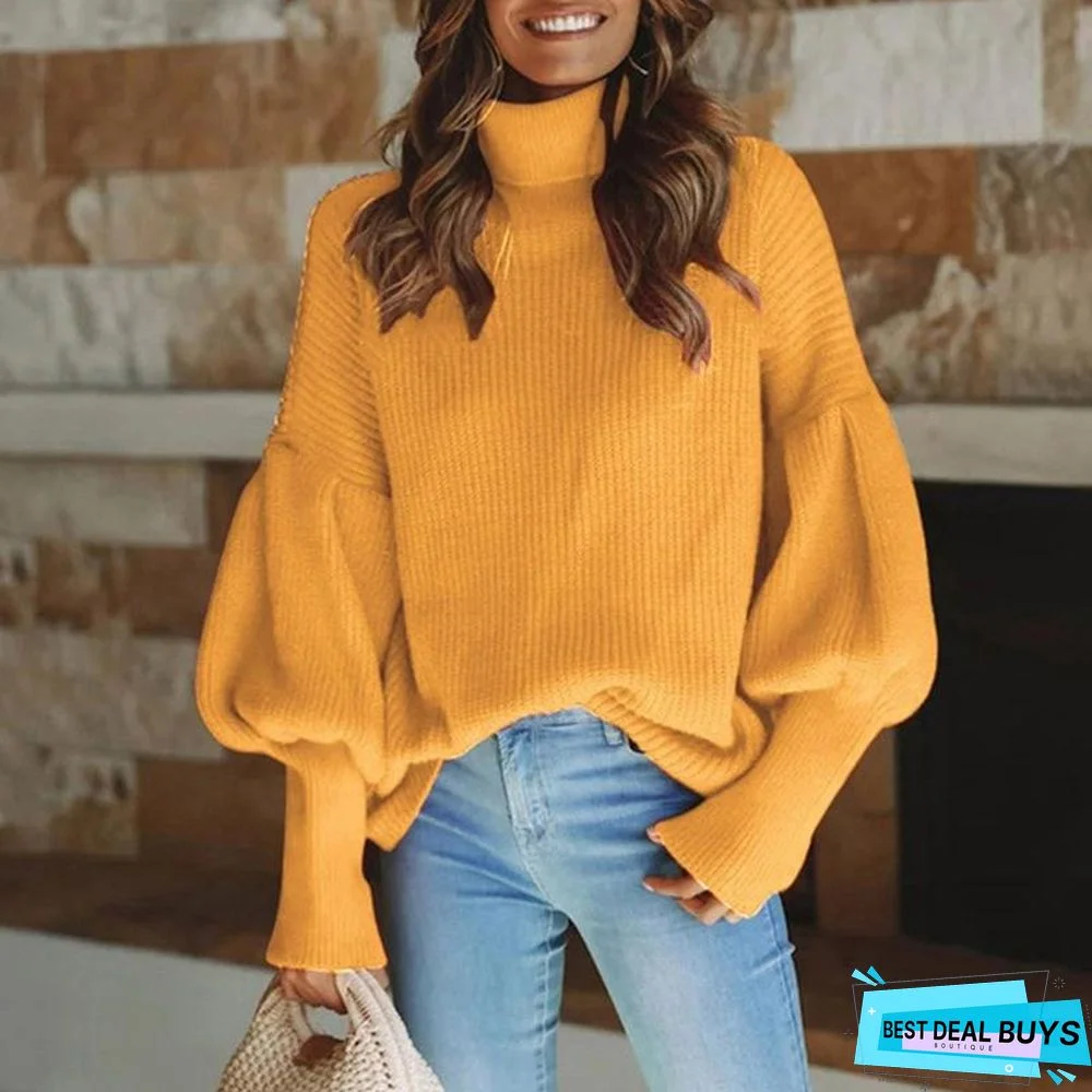 Solid Color High Neck Long Sleeve Knitted Sweater