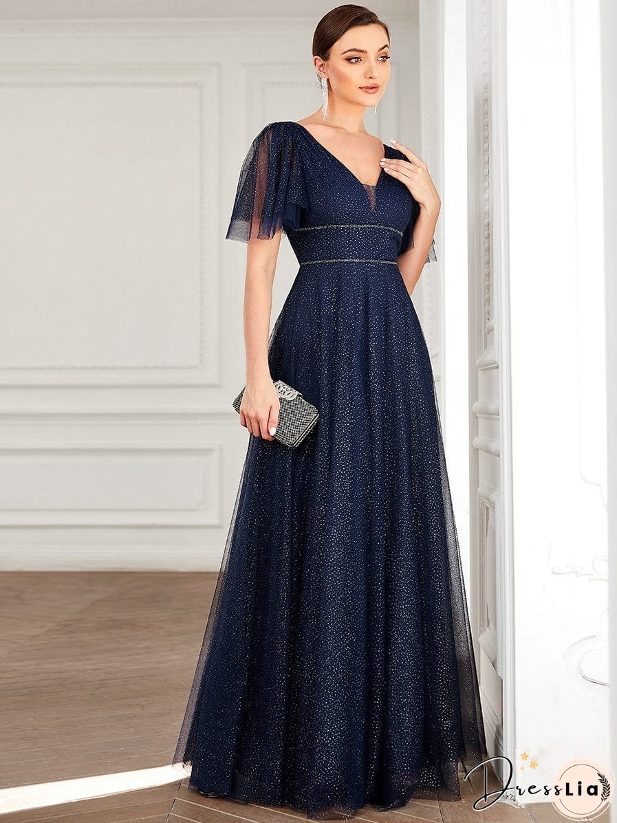 Elegant Golden Stamped Ruffle Sleeve Evening Gown