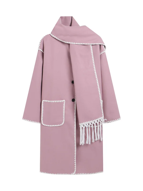 Women's double-sided woolen long-sleeved scarf tassel long top windbreaker jacket Flusfy