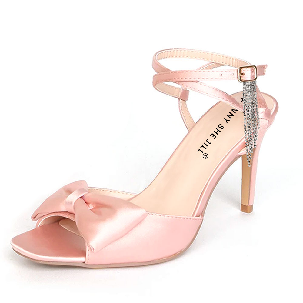 Pink Satin Wedding Shoes Open Square Toe Ankle Strap Bow Heels Nicepairs