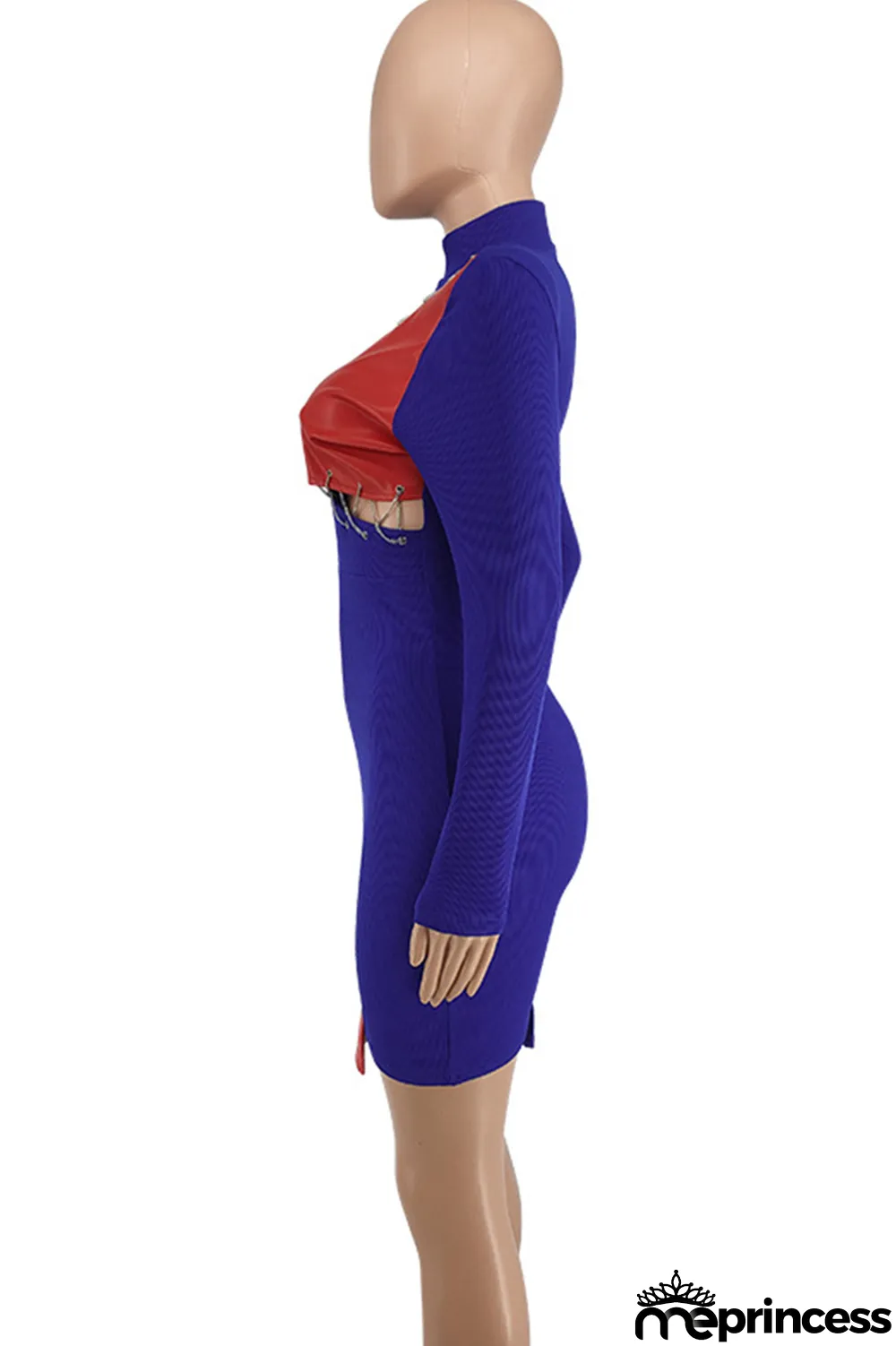 Red Fashion Sexy Patchwork Hollowed Out Asymmetrical O Neck Long Sleeve Dresses