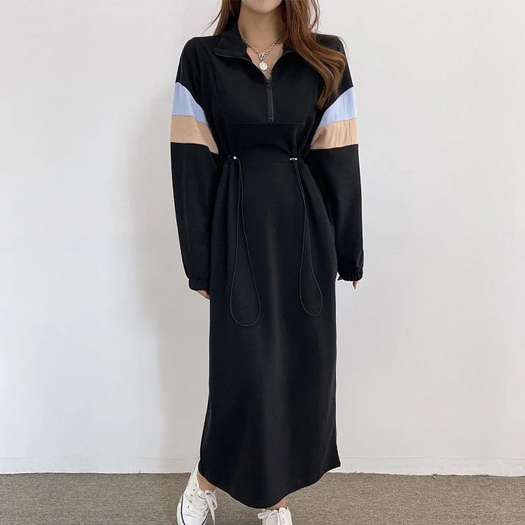 Fashion Stand Collar Zip-up Folds Drawstring Contrast Color Patchwork Long Sleeve Sweatshirt Dress