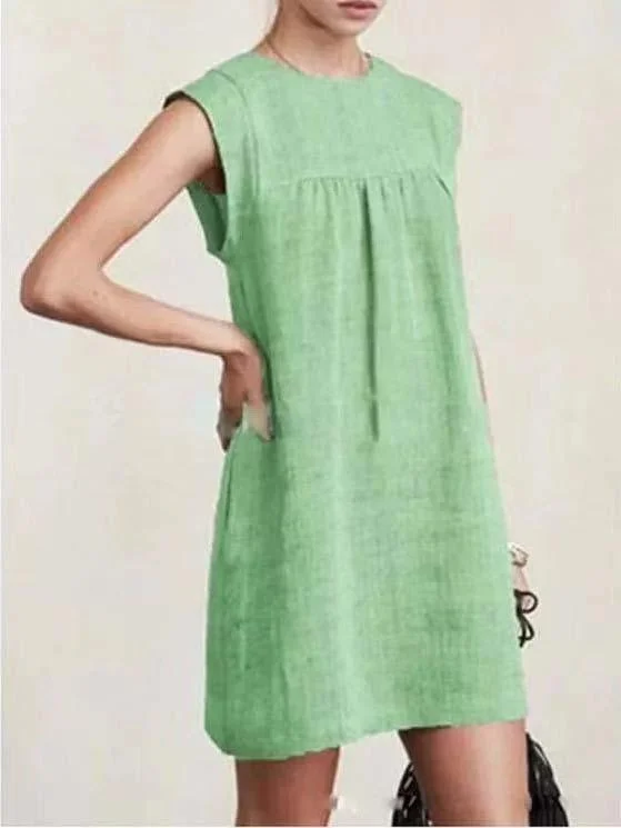 Women Half Sleeve V-neck Solid Color Dress