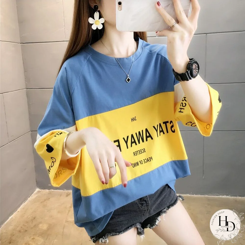 Summer Fashion Letter Patchwork T Shirts Women Simple Causal O Neck Tees Half Sleeve Student Clothes Korean Street Wear New