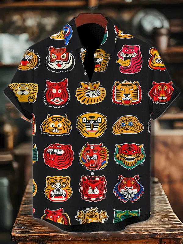 Men's Funny Tiger Head Arrangement Art Print Casual Shirt