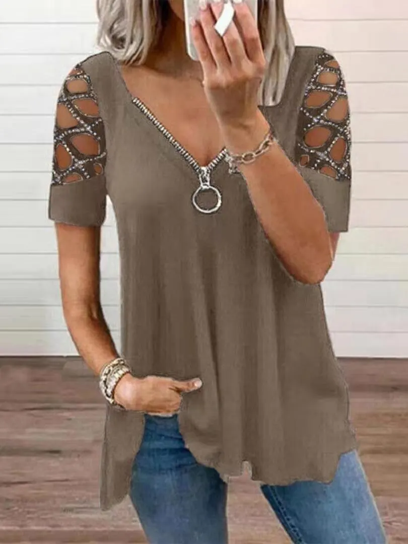Women Short Sleeve U-neck Stitching Women Tops