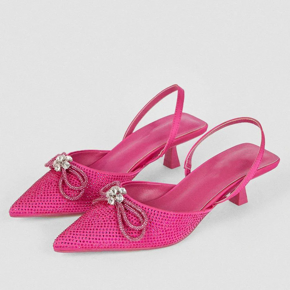 Pink Satin Closed Toe Kitten Heel Slingback Pumps with Bow