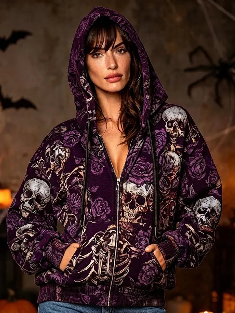 Women's Zip-up Hooded Sweatshirt - Halloween Human Skulls, Skeletal Bones And Blooming Rose Blossoms Print Outerwear