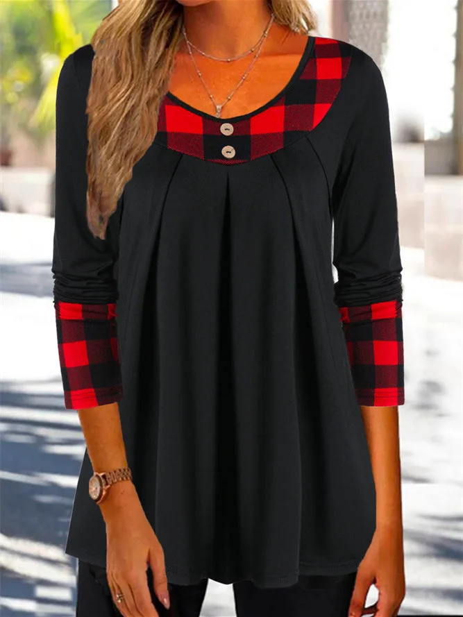 Women Long Sleeve Scoop Neck Plaid Printed Top