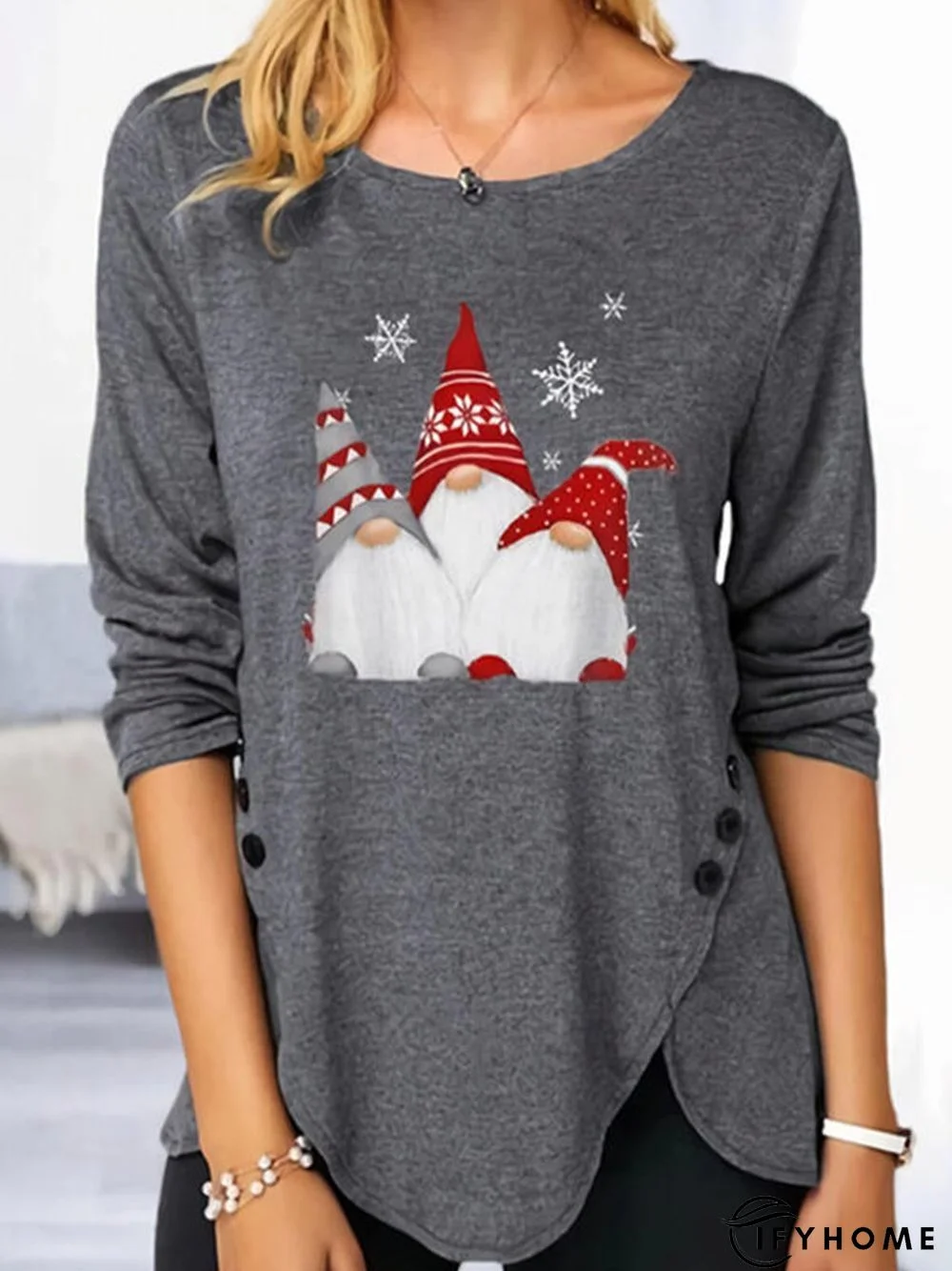 Print Round Neck Long Sleeve Button Up Casual Christmas blouse | IFYHOME