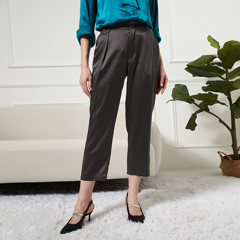 Waistband Button Detail Silk Pants With Pockets Ankle-length Pants REAL SILK LIFE