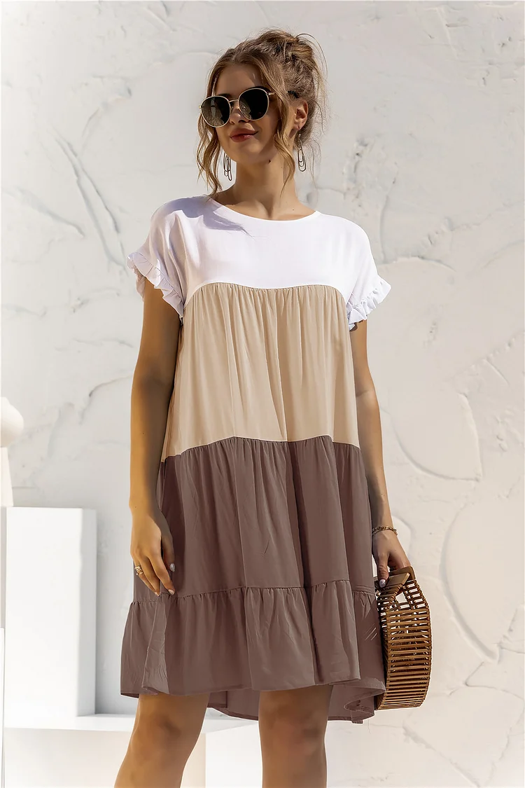 Loose Color Blocking Short Sleeve Mini Dress - yankia