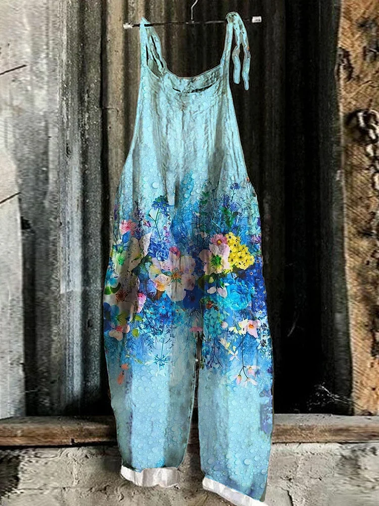 Blue Floral Art Linen Blend Loose Casual Jumpsuit