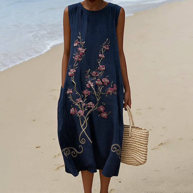 Women's Japanese Cherry Blossom Art Pattern Casual Linen Dress wearshes