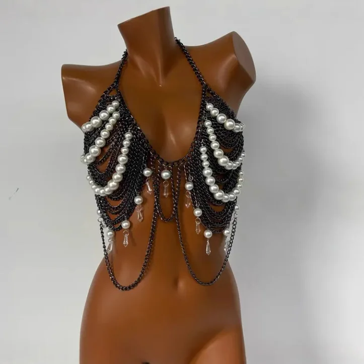 Black Metal Pearl Handmade Stitching Chest Necklace