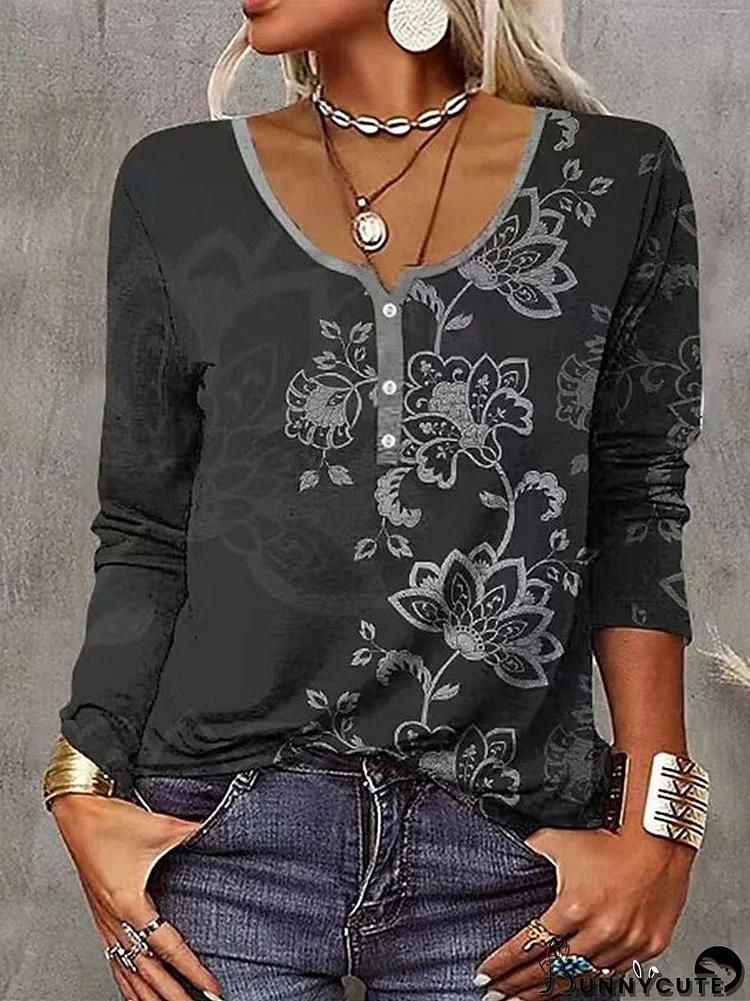 Women's Long Sleeve U-Neck Floral Printed Tops