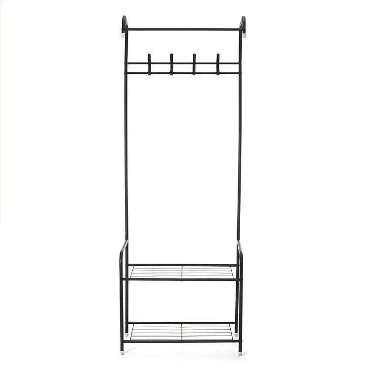 3-in-1 Hall Tree Coat Rack Shoe Bench with 5 Hooks, Entryway Storage Shelf Bench with Metal Frame, 2-Layer Storage Bench Freestanding Clothes Organizer Hat Stand Rod for Mudroom & Hallway