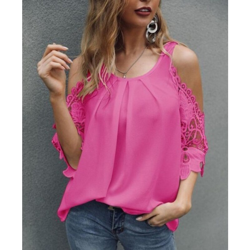 Women Sexy Lace Off Shoulder Chiffon Summer Fashion Casaul Clothes Tops O-neck Short Sleeve Solid Shirt Femme Ruffle Blusa Mujer