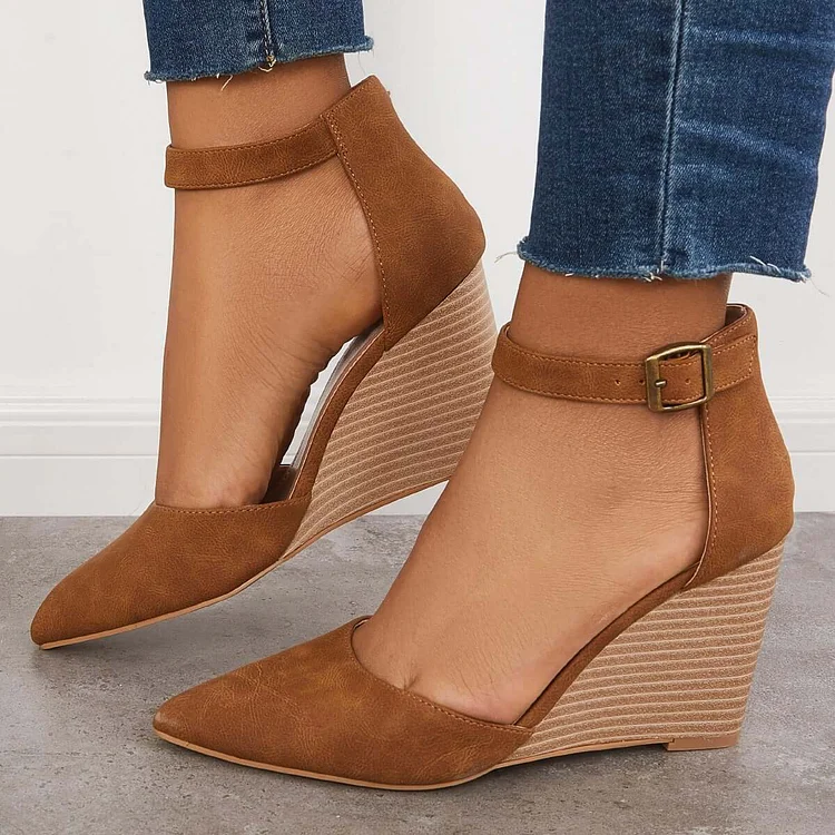 HUXM Classic Ankle Strap Wedges Pointed Toe Stacked Heel Dress Pumps