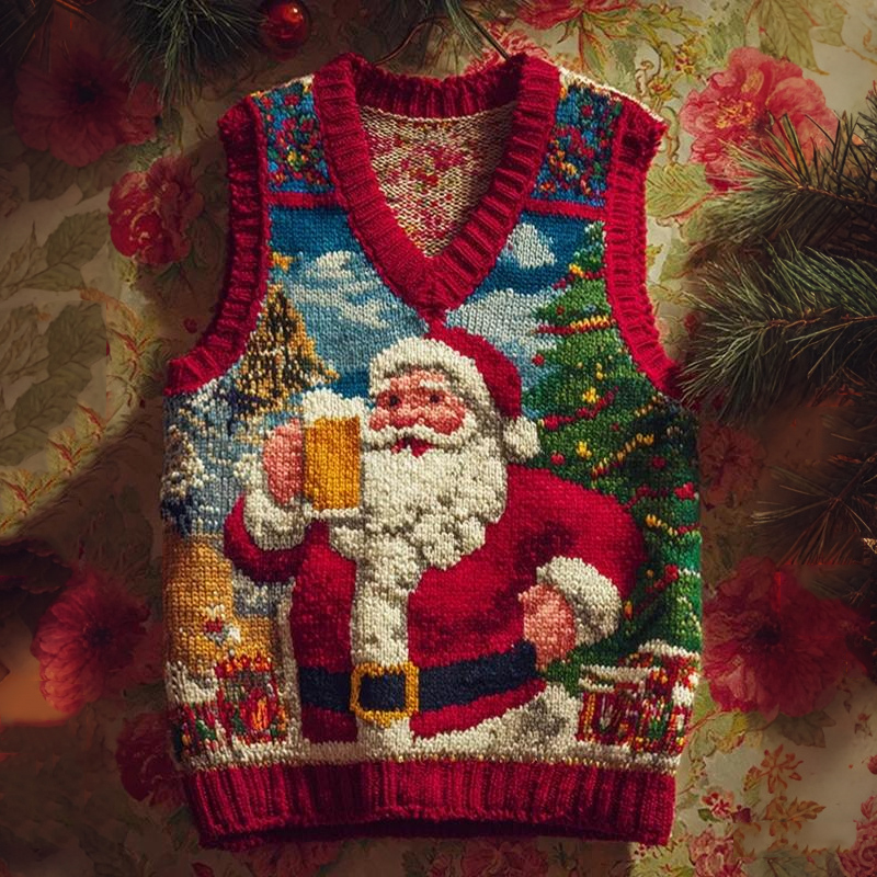 Men's Santa Claus Drinks Beer Print V Neck Knit Vest elevenforest