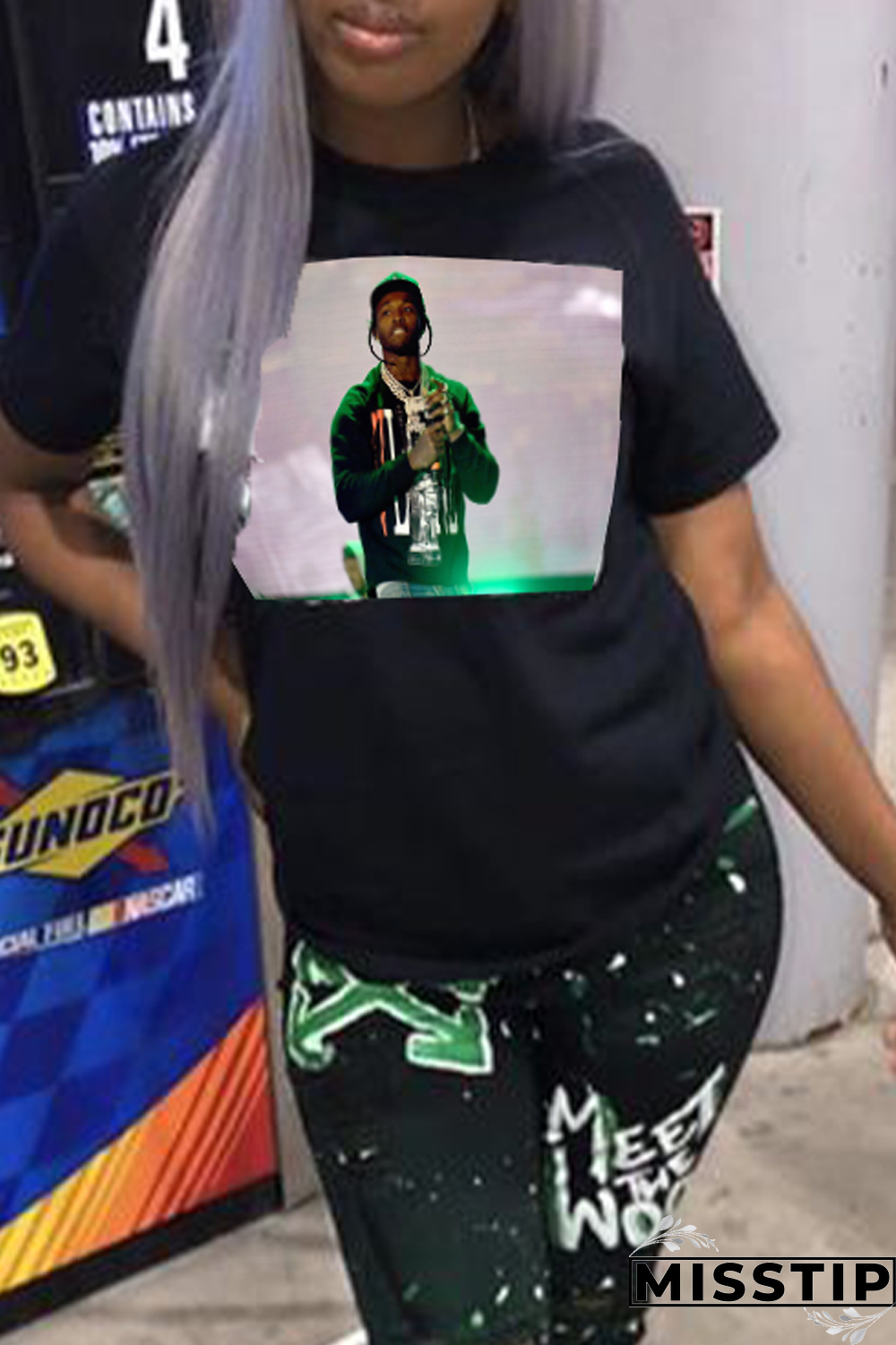 Black Casual Street Print Patchwork O Neck T-Shirts