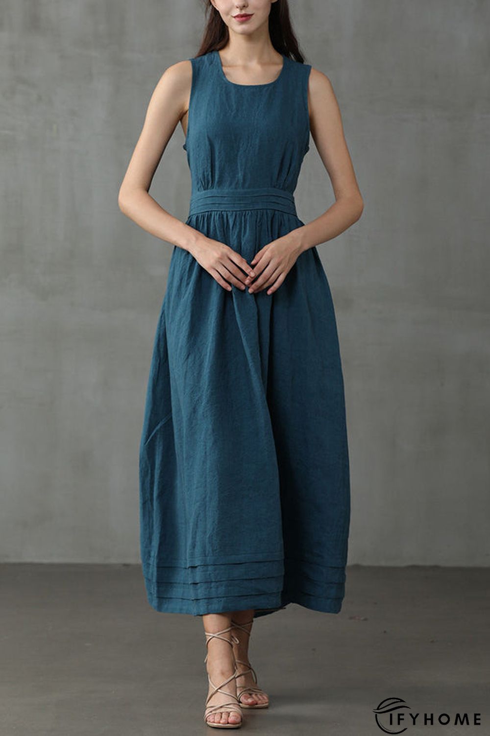Cross Back O Neck Maxi Linen Dress | IFYHOME