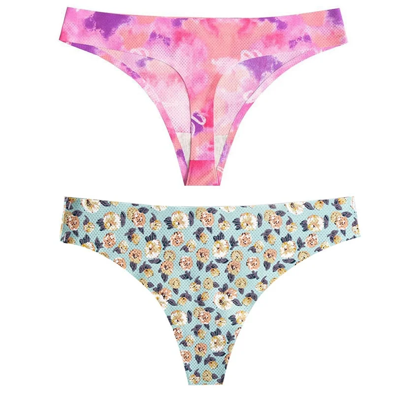 CINOON 2pcs Sexy Flowers Lingerie Woman Knickers Low-waist Panties Thong Seamless Breathable Underwear Female G String Intimates