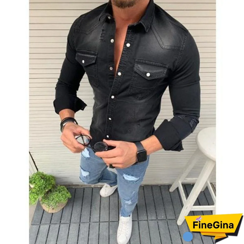 Casual Long Sleeve Lapel Jeans Tops